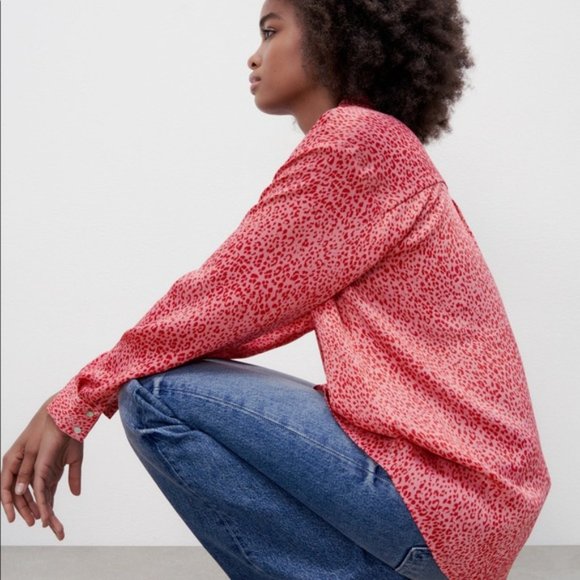 Zara Animal Print Button Down Collar Shirt Pink Red - Picture 4 of 12
